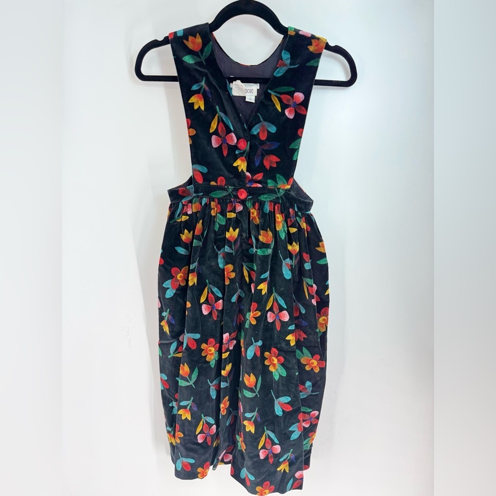 Vintage Garnet Hill KIDS Girls 1990s Velvet Velour Floral Jumper Dress USA MADE